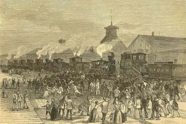 "Blockade of Engines at Martinsburg, West Virginia," an engraving on front cover of "Harper's Weekly, Journal of Civilization," Vol XXL, No. 1076, New York, Saturday, August 11, 1877. Fighting occurred during Great railroad strike of 1877. Scanned from an original issue. Some cropping of original image.