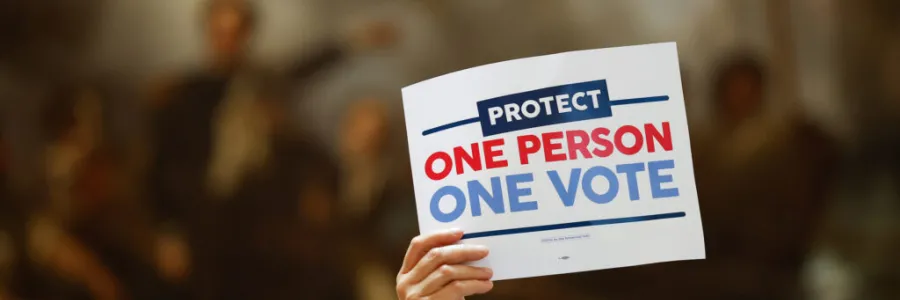 Person holding a sign stating "One Person One Vote"