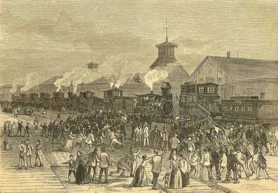 "Blockade of Engines at Martinsburg, West Virginia," an engraving on front cover of "Harper's Weekly, Journal of Civilization," Vol XXL, No. 1076, New York, Saturday, August 11, 1877. Fighting occurred during Great railroad strike of 1877. Scanned from an original issue. Some cropping of original image.