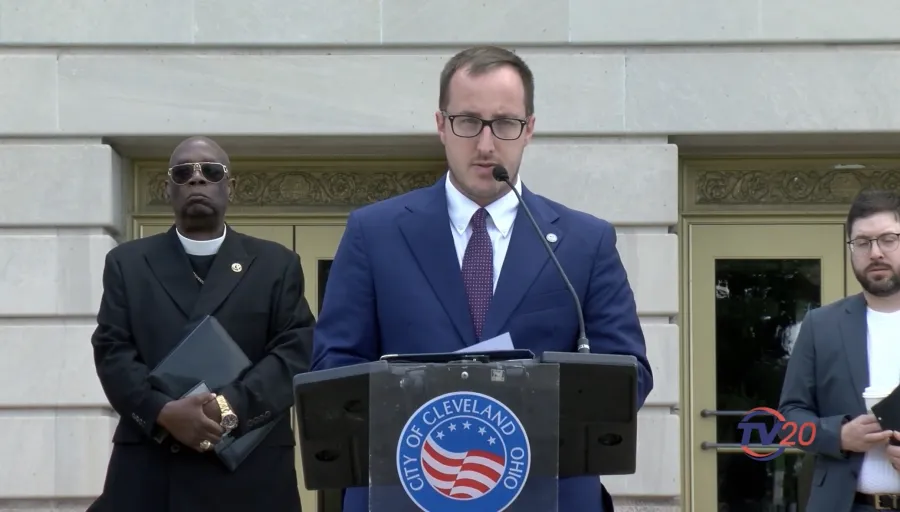 Brian Pearson speaks at a 2025 press conference with the City of Cleveland