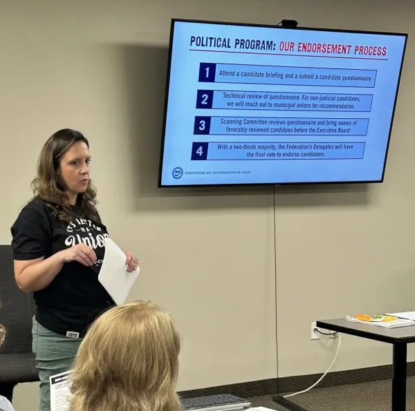 Political Director Rebecca Gorski leading a candidate briefing session.