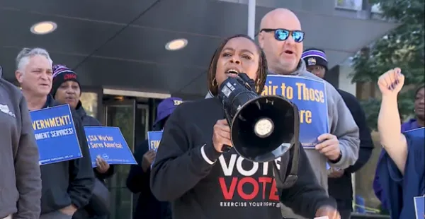 Rep. Shontel Brown speaks out at federal worker rally.